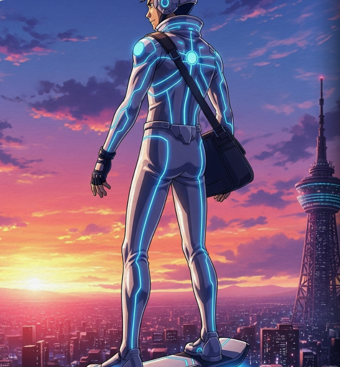 Daniel standing heroically overlooking Neo-Kyoto at sunset